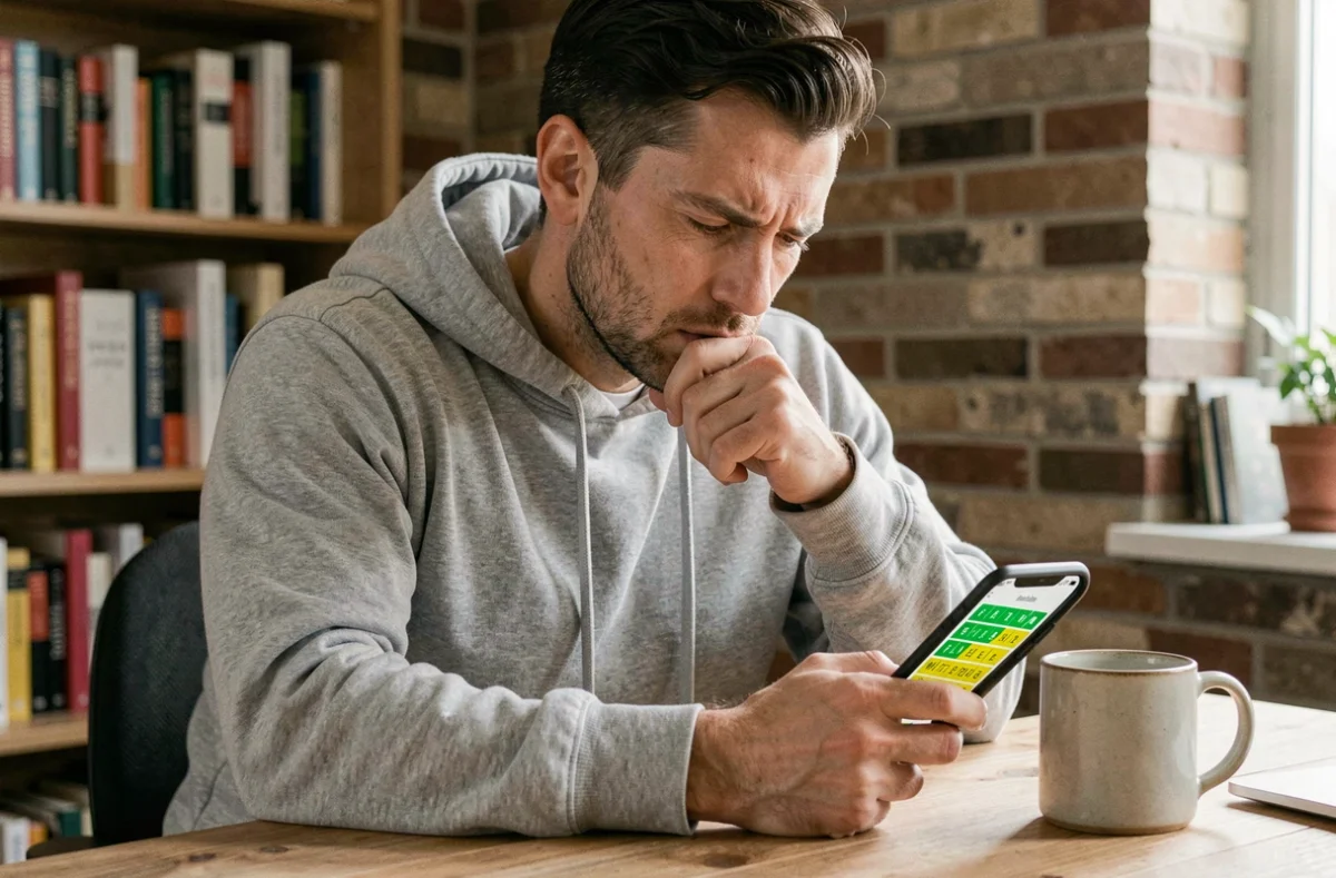 Homme concentré jouant à un jeu de mots sur smartphone de type Sutom, assis à un bureau en bois dans un bureau à domicile cosy