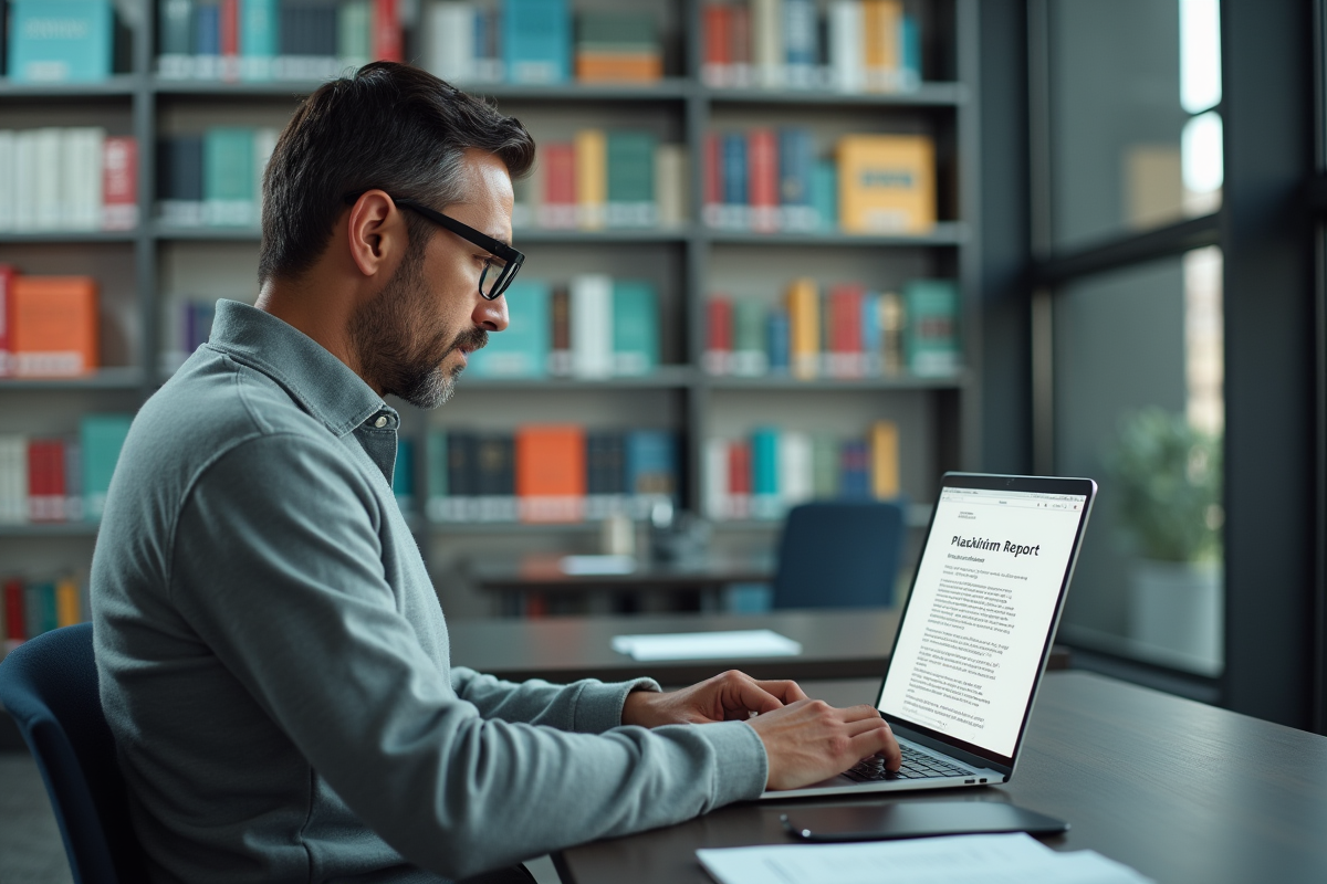 Homme lisant un rapport de plagiat dans une bibliothèque moderne
