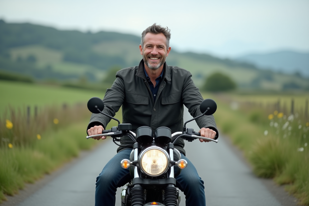 Homme en blouson en coton ciré sur une moto Skyteam 125