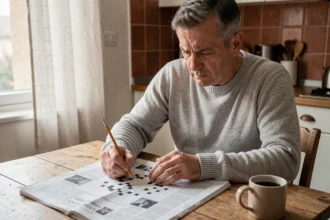 Homme résolvant une grille de mots fléchés avec un crayon à papier sur une table en bois