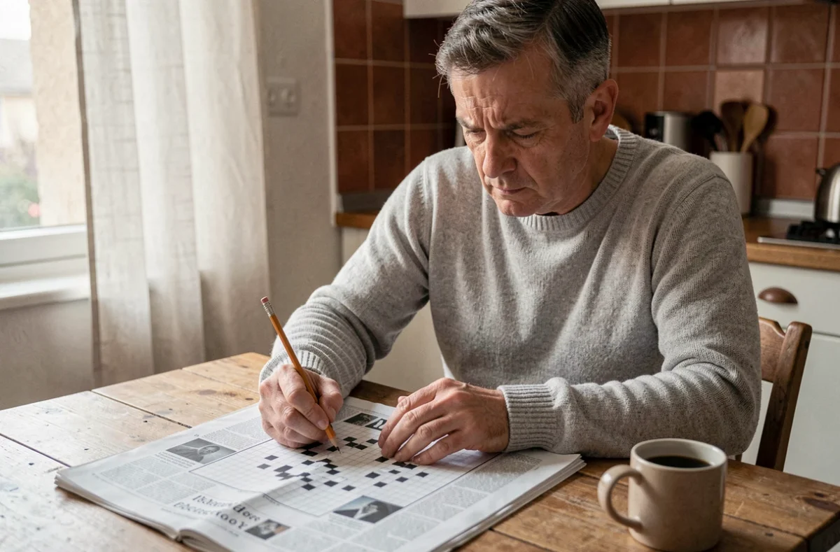 Homme résolvant une grille de mots fléchés avec un crayon à papier sur une table en bois