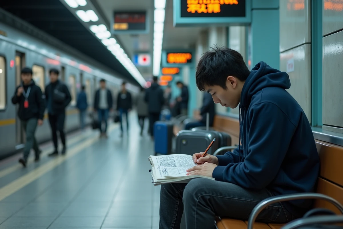 Jeune homme résolvant des mots fléchés dans une gare animée d'Osaka, entouré de voyageurs et de panneaux en japonais