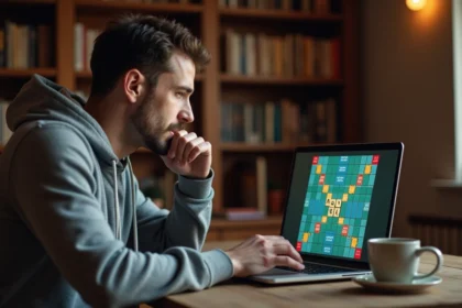 Homme paramétrant son navigateur pour jouer à Scrabble en mode furtif sur un ordinateur portable dans un bureau à domicile