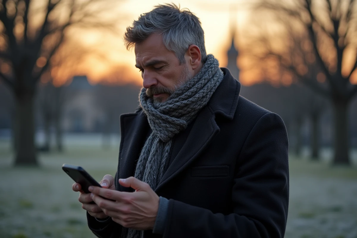 Homme d'âge moyen vérifiant ses prières au lever du jour à Compiègne