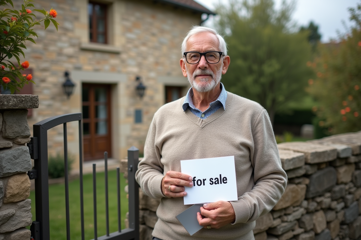Homme senior tenant une pancarte vente devant une maison de campagne
