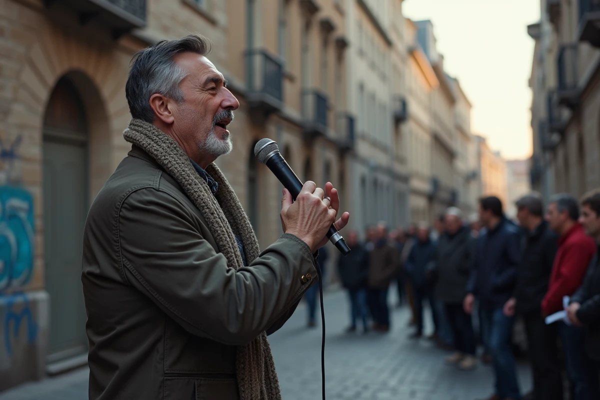 Homme récitant un slam poétique dans la rue en soirée