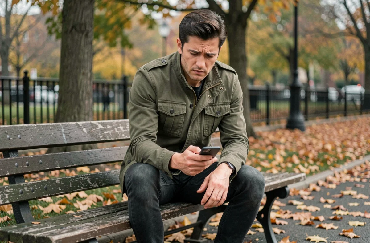 Homme lisant des messages sur son smartphone lors d'un premier rendez-vous romantique dans un parc