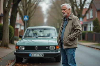 Homme d'âge moyen près d'une vieille voiture diesel dans un quartier résidentiel