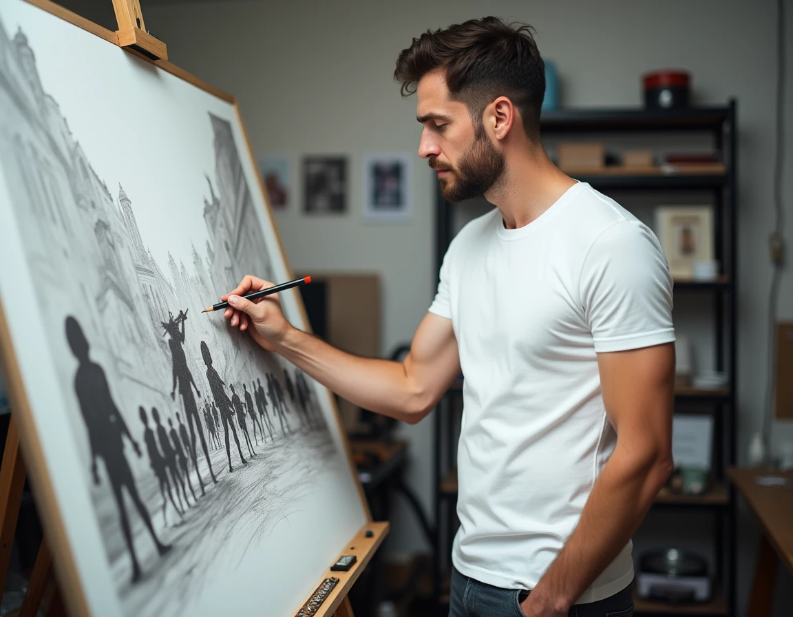 Illustrateur adulte analysant des croquis de combats inspirés de One Piece 1148 dans son atelier créatif