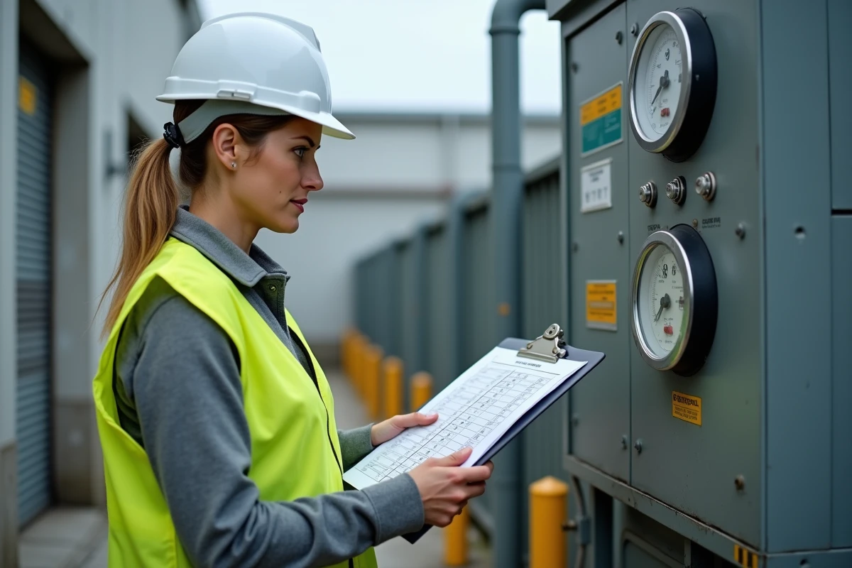 Ingénieure en sécurité consultant un tableau de conversion bar en psi devant un manomètre de station gaz extérieure