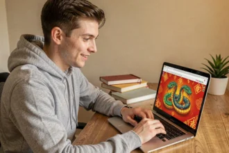 Homme jouant au jeu Google Année du Serpent sur un ordinateur portable dans un bureau à domicile