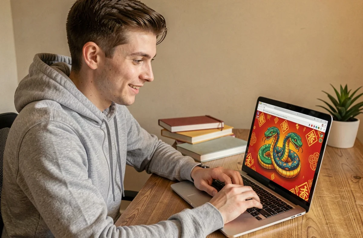 Homme jouant au jeu Google Année du Serpent sur un ordinateur portable dans un bureau à domicile