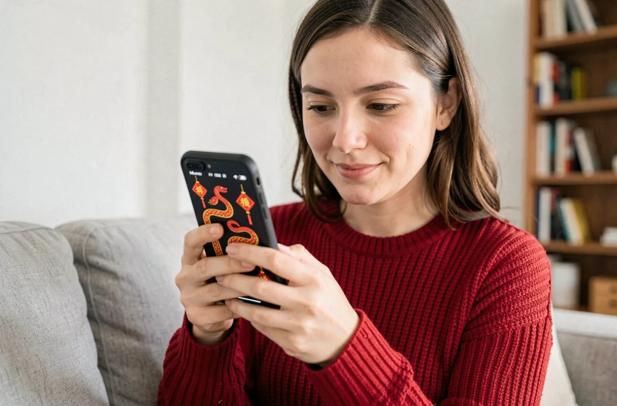 Femme rejouant le mini-jeu Google du Nouvel An chinois Année du Serpent sur smartphone