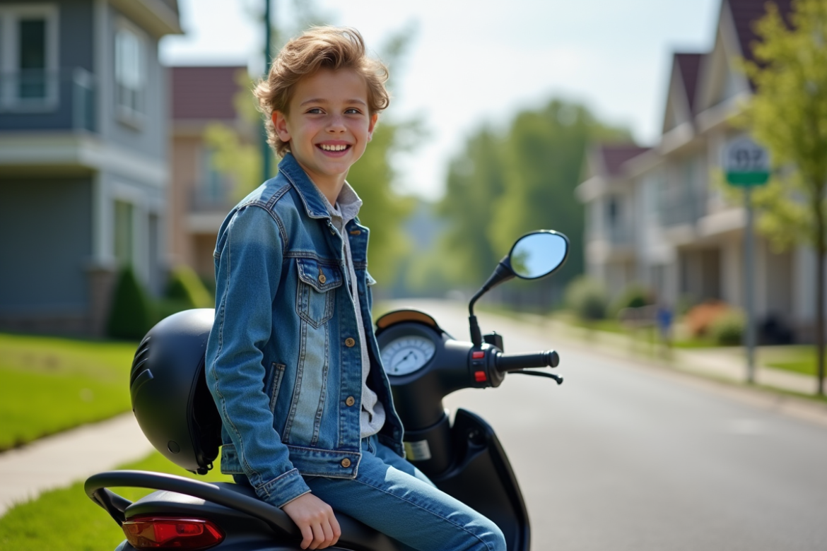 Jeune garçon souriant en denim sur scooter urbain