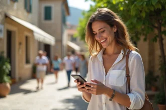 Jeune femme corse souriante dans un village en plein air