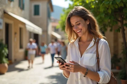 Jeune femme corse souriante dans un village en plein air