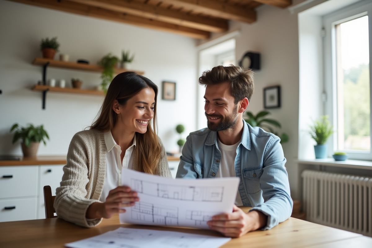Jeune couple dans une cuisine rénovée avec plans et table