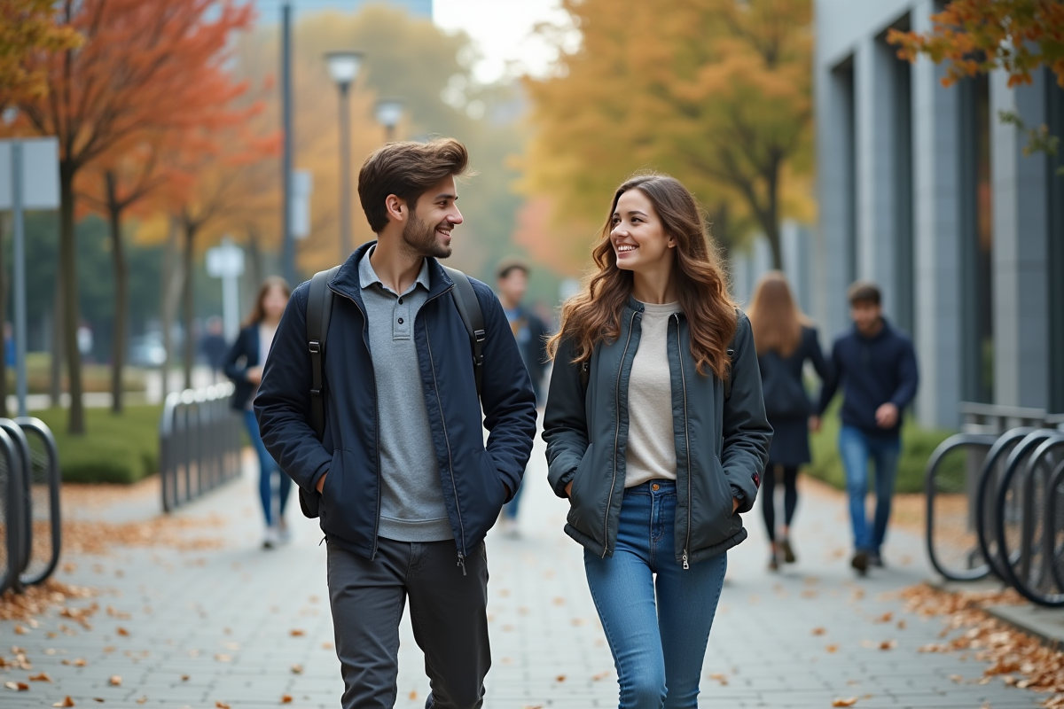 Jeune couple marchant sur le campus universitaire en automne