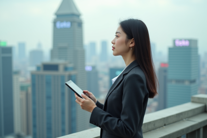 Jeune femme d'affaires asiatique sur un rooftop urbain