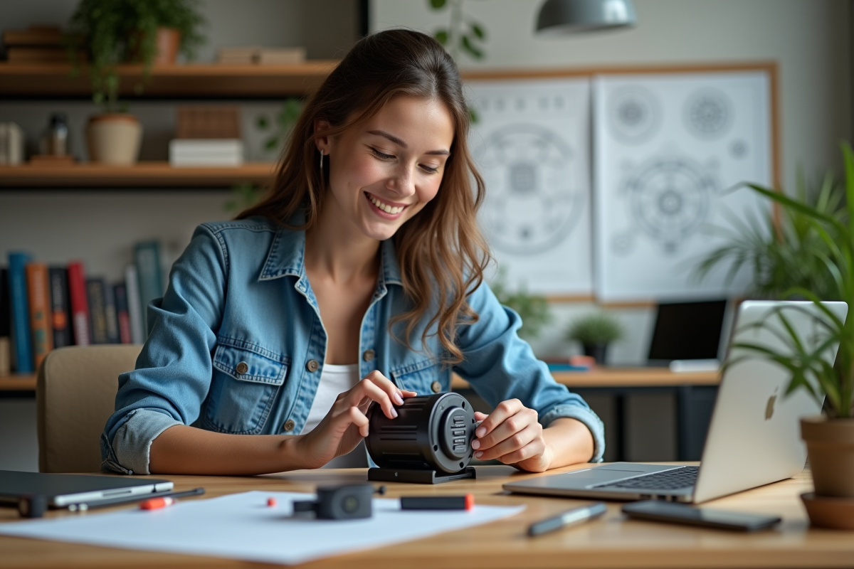 Jeune femme assemble un moteur électrique à son bureau
