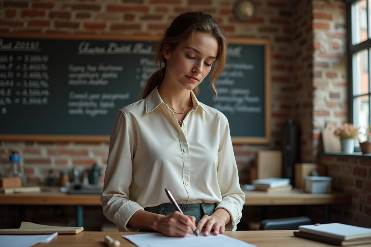 Jeune femme entrepreneure saisissant des chiffres dans son atelier