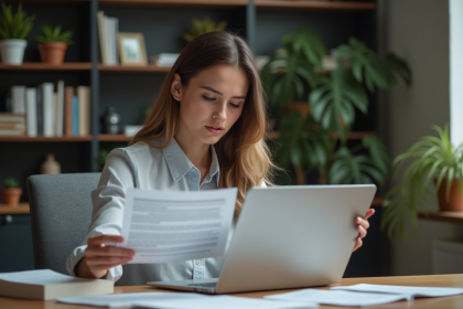 Jeune femme concentrée travaillant sur son ordinateur dans un bureau