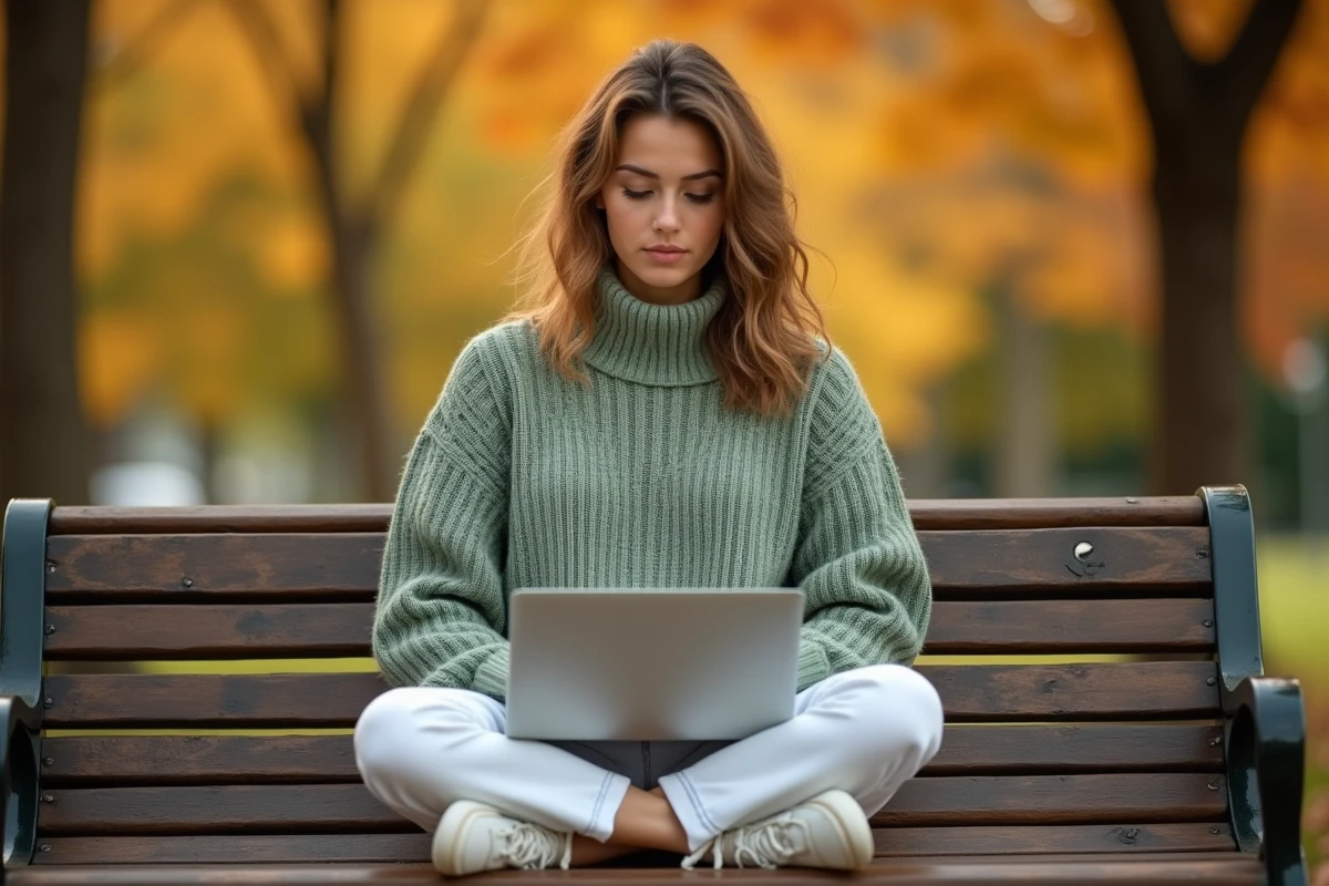 Jeune femme tapant sur un ordinateur portable en plein air dans un parc en automne, évoquant la liberté et la confiance dans l'écriture