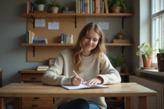 Jeune femme écrivant des vers dans un cahier dans un intérieur cosy