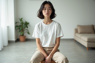 Jeune femme assise dans un salon moderne et lumineux