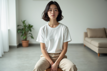 Jeune femme assise dans un salon moderne et lumineux