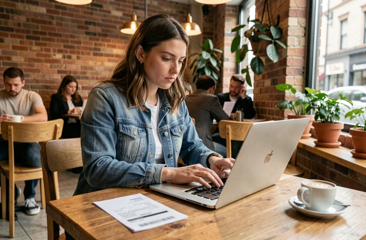 Jeune femme contactant le service client depuis un café après avoir passé commande sur un site e-commerce douteux
