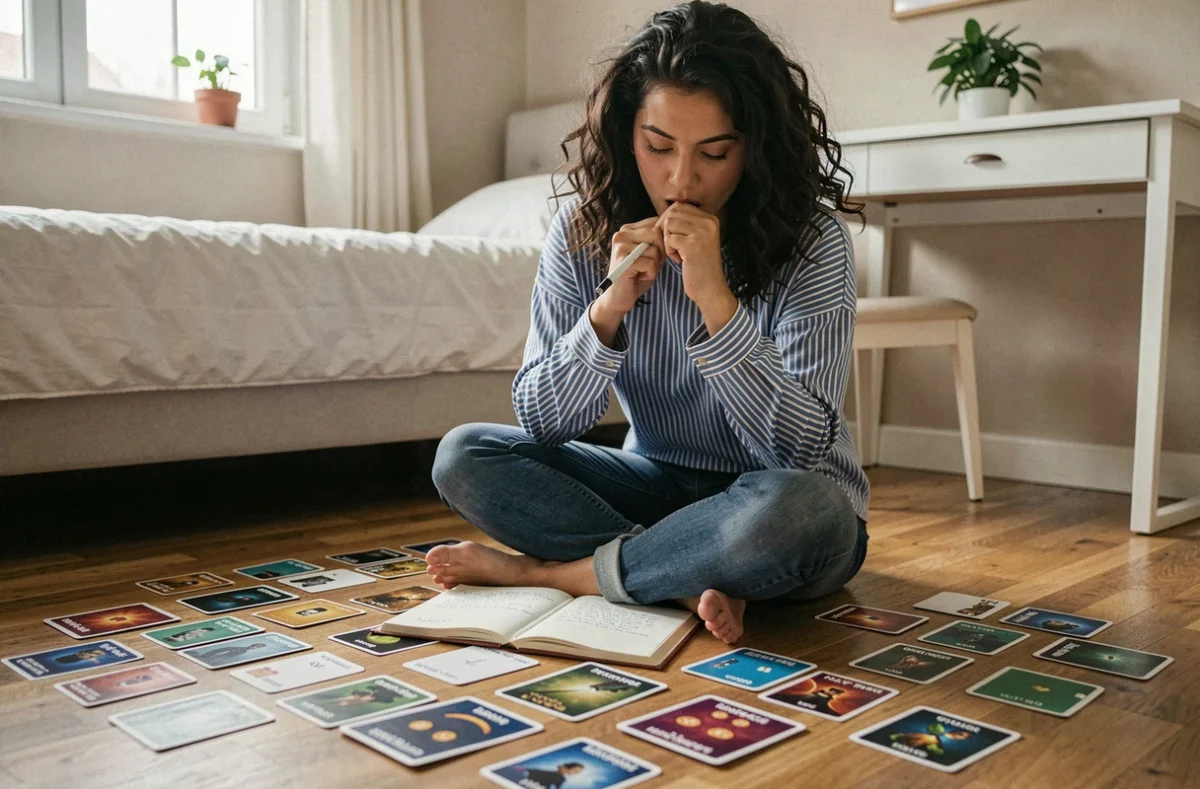 Jeune femme réfléchissant à des solutions pour Rooms et Exits entourée de cartes de jeu étalées sur le sol de sa chambre