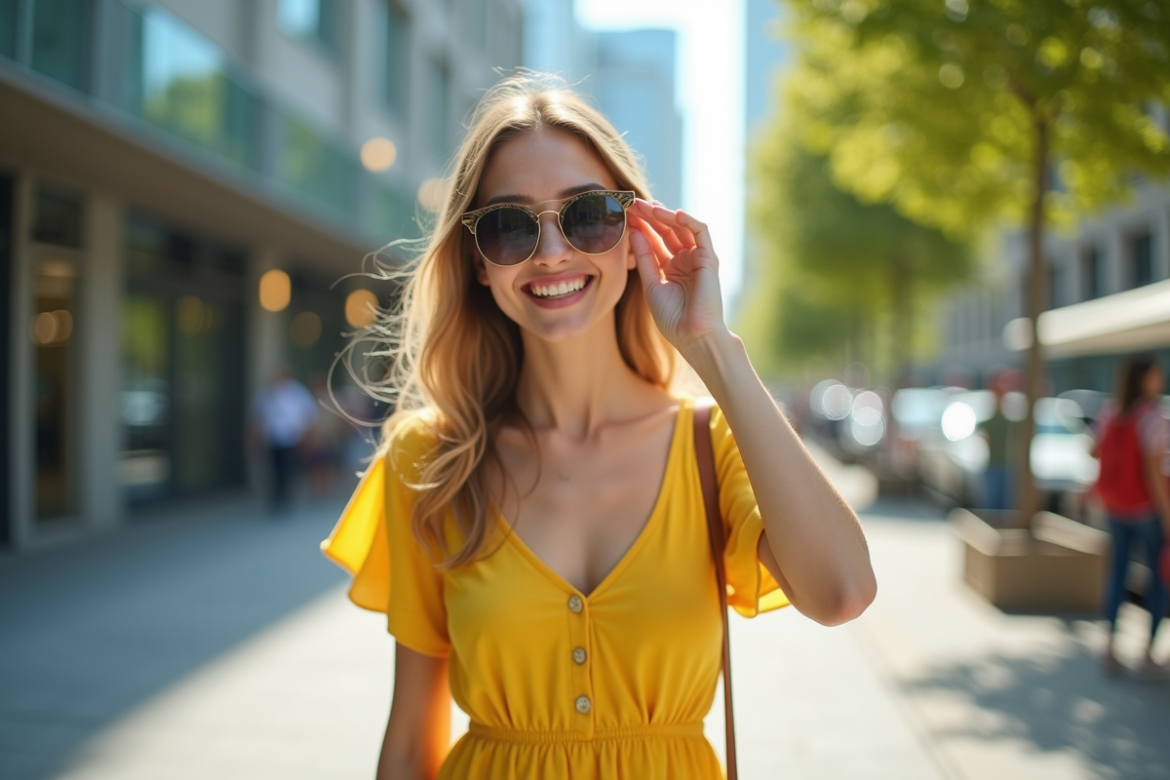 Jeune femme en robe jaune souriante en ville