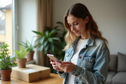 Jeune femme en denim vérifiant un colis avec son smartphone