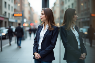 Jeune femme en blazer navy dans une ville animée