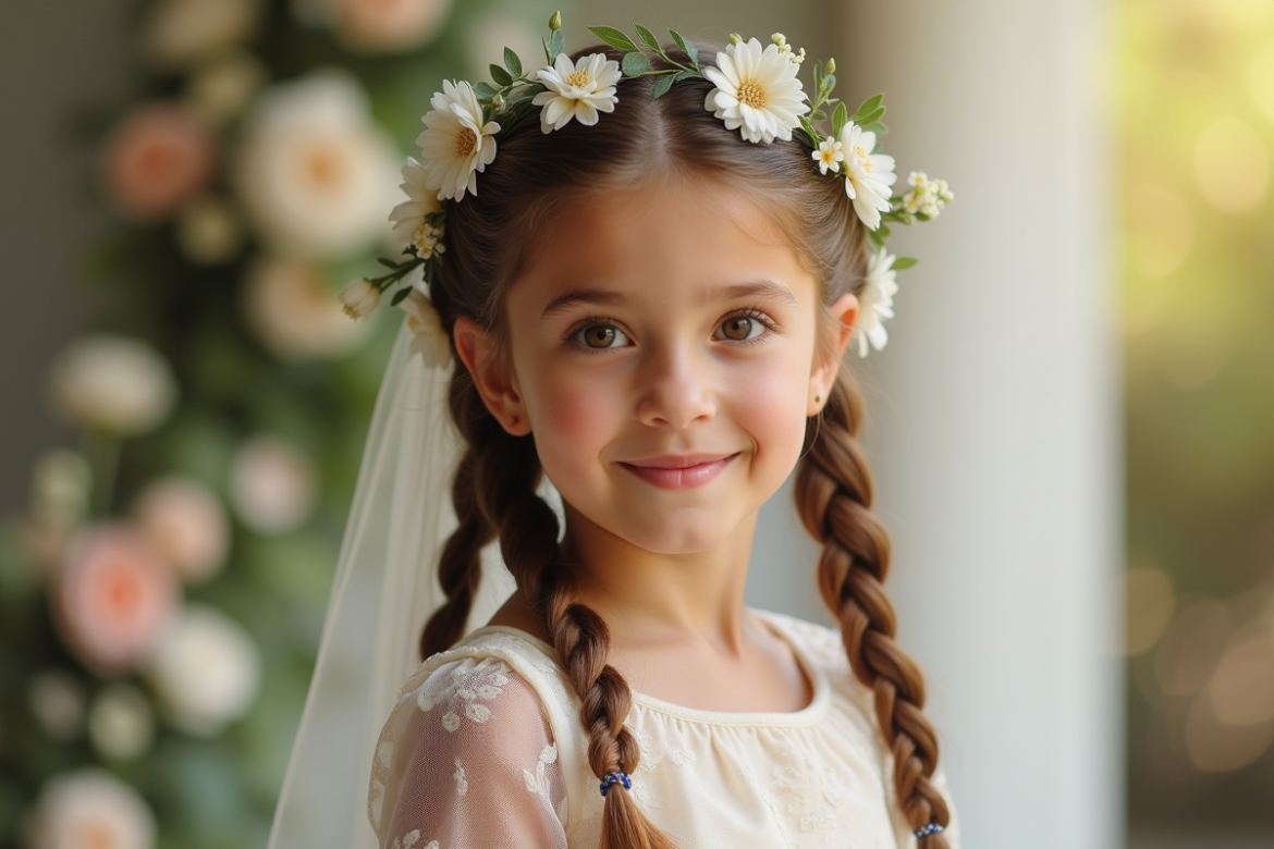 Jeune fille aux tresses et fleurs blanches pour un mariage