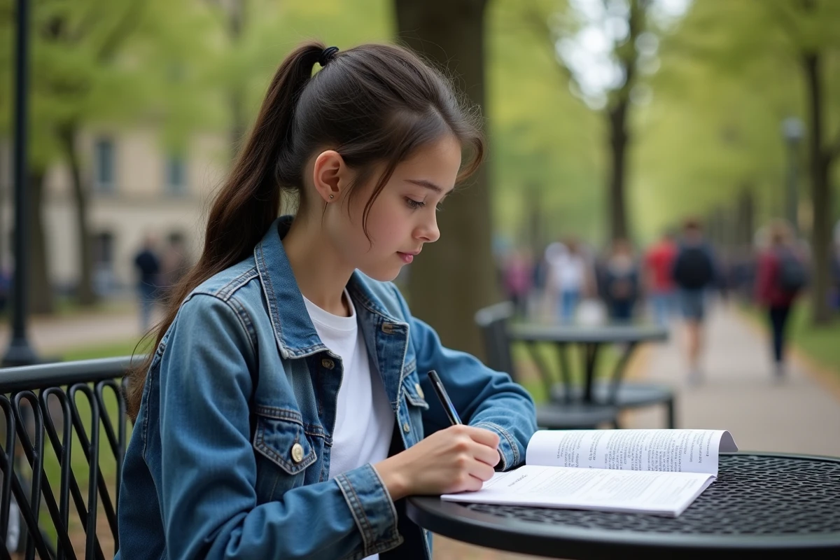 Jeune fille étudiant en plein air dans un parc urbain
