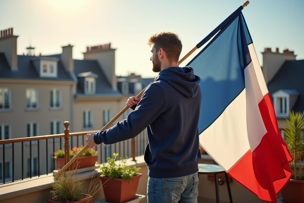 Jeune homme déployant un drapeau breton sur un balcon urbain