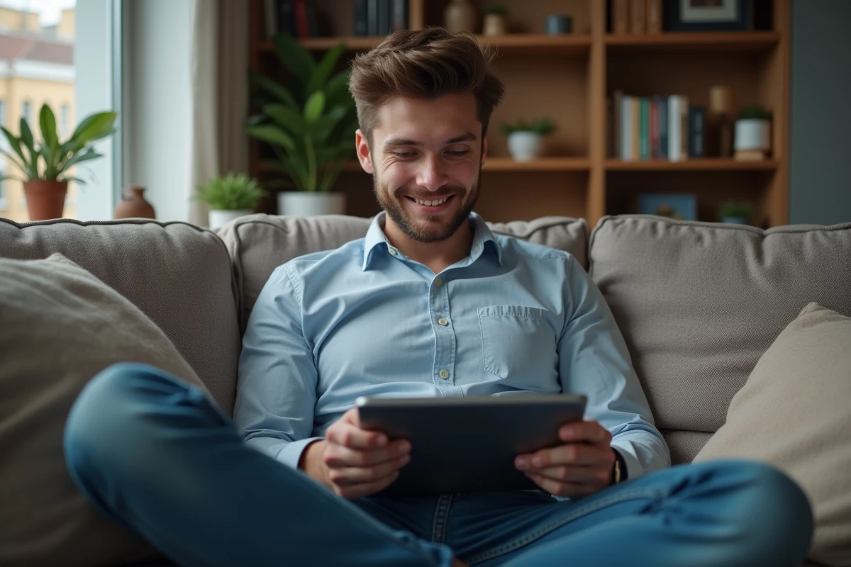 Jeune homme relaxe utilise une tablette chez lui