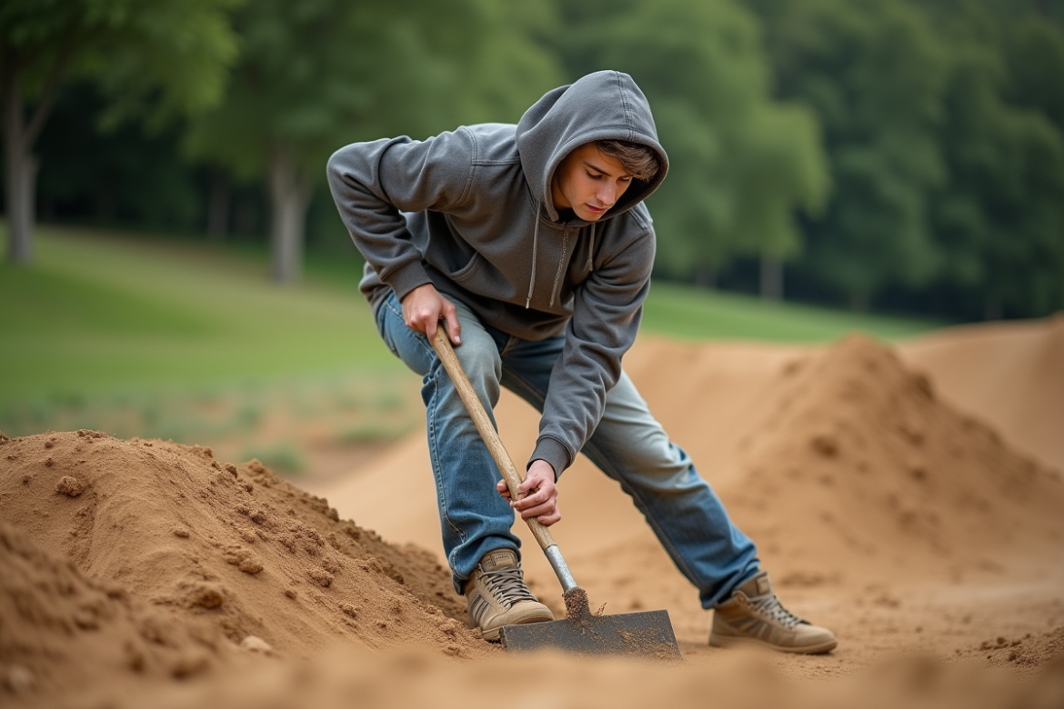 Jeune homme en hoodie ratisse une piste de dirt jump