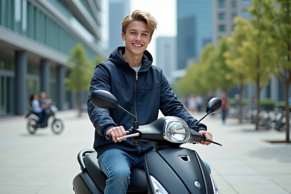 Jeune homme souriant avec scooter en ville