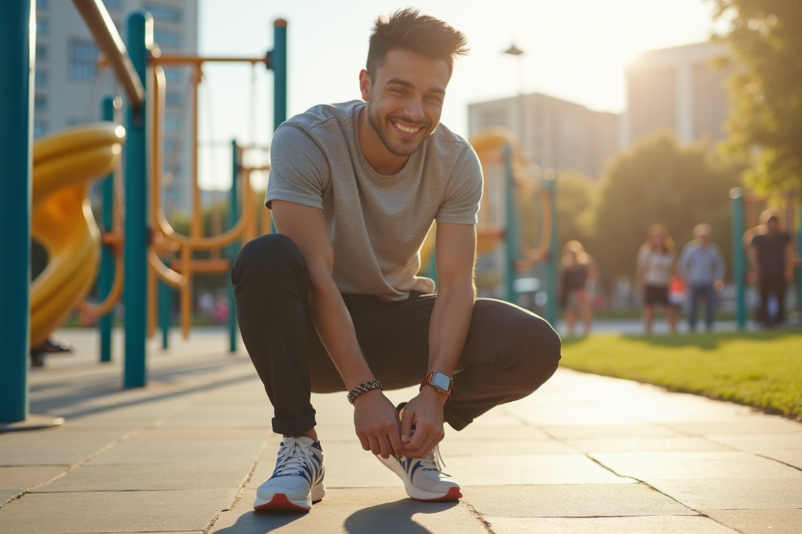 Jeune homme souriant en nouant ses sneakers dans un parc urbain