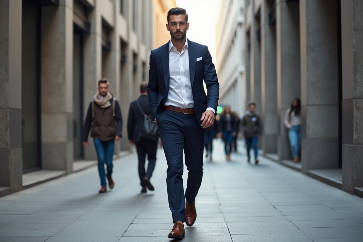 Jeune homme élégant marche dans la ville moderne