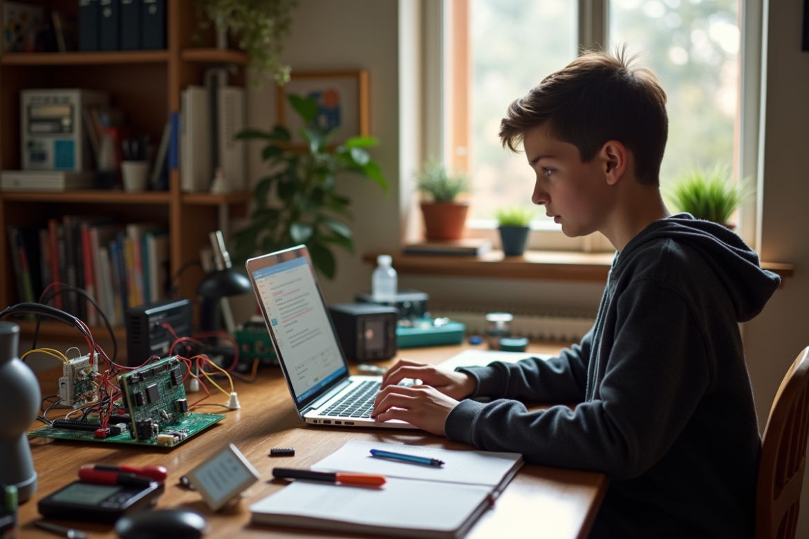 Jeune personne travaillant sur un bureau électronique lumineux
