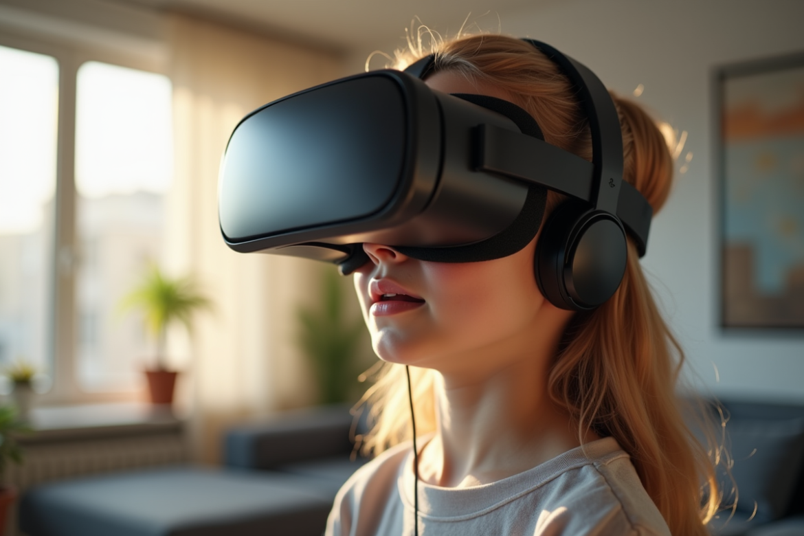 Jeune personne portant un casque de réalité virtuelle dans un salon lumineux
