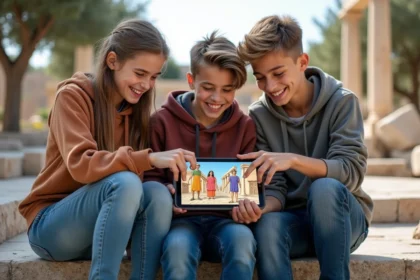 Jeunes autour de 15 ans partageant une tablette avec dieux grecs