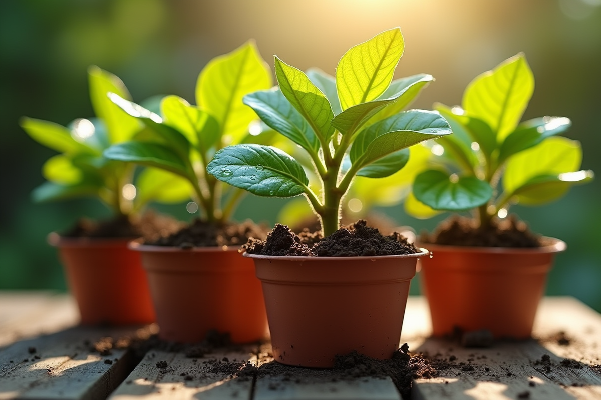 Figuiers en pot avec feuilles brillantes et gouttes d