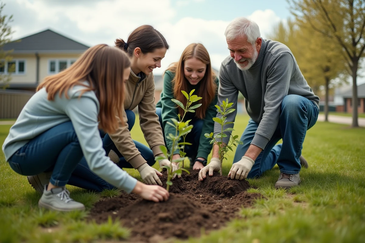 Jeunes et personne agee plantant des arbres dans un quartier