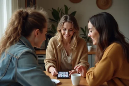 Trois jeunes jouent à la belote sur une tablette dans un intérieur chaleureux