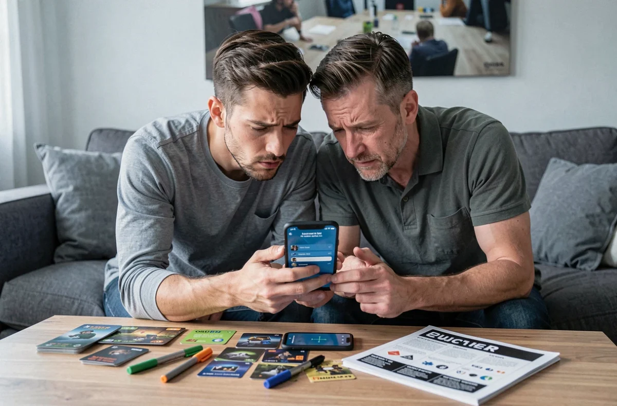 Deux joueurs consultant des indices sur smartphone pour résoudre une énigme du jeu Rooms et Exits entourés de cartes et documents